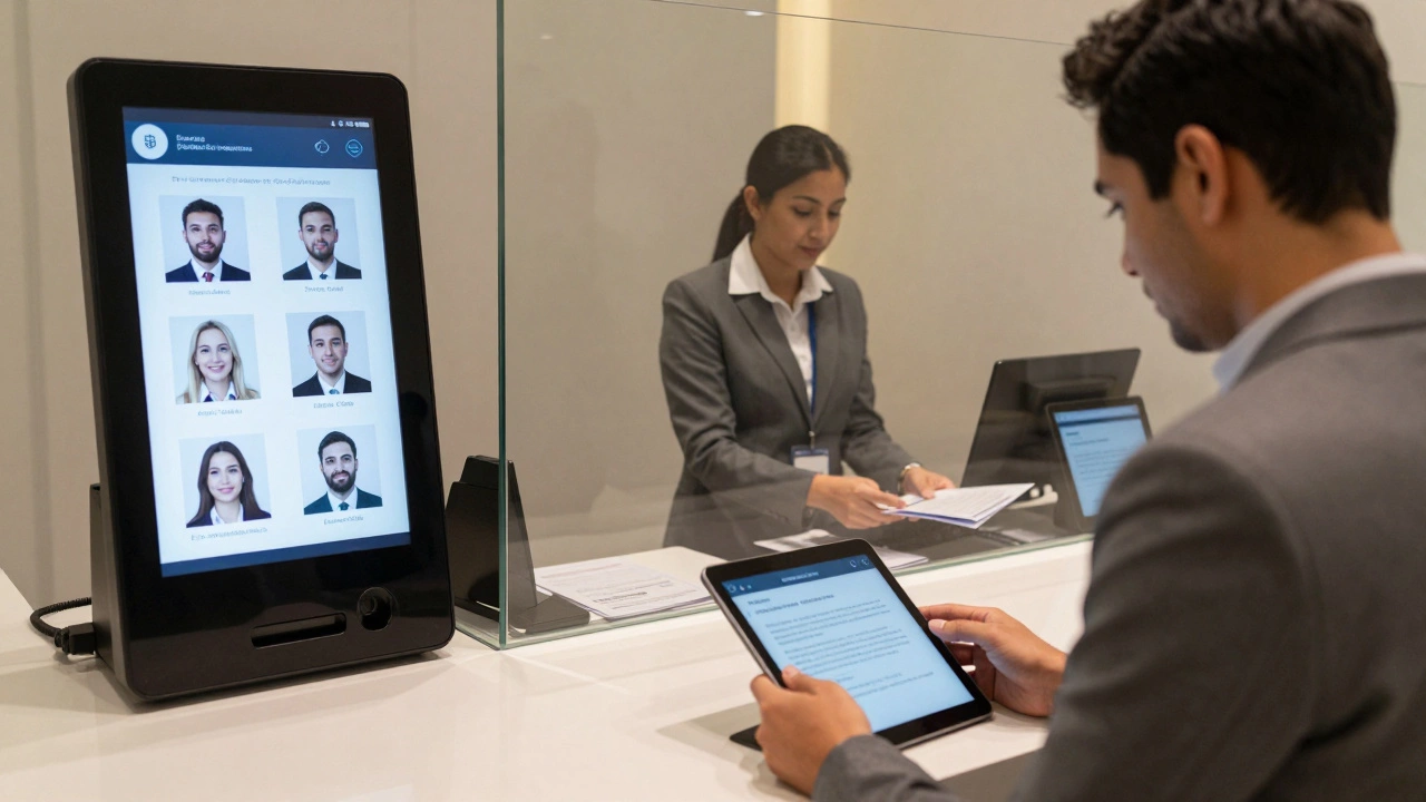 A professional agency office in Dubai showing secure client verification and anonymized companion profiles.