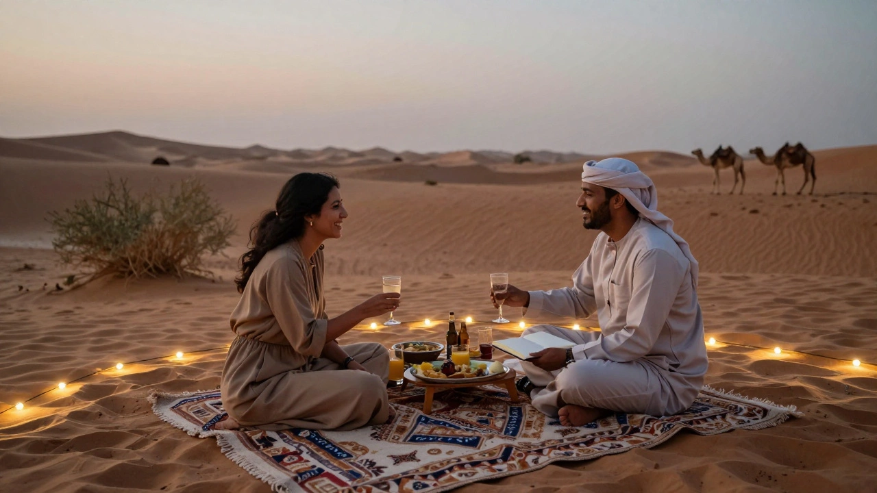 A woman enjoying a peaceful desert picnic with a companion under string lights at dusk.