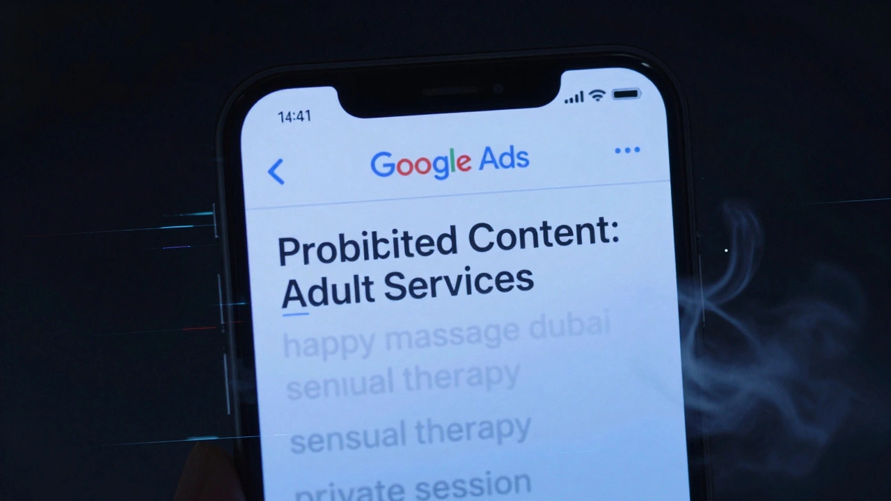 Smartphone showing ad rejection notice with blurred banned keywords fading into smoke.