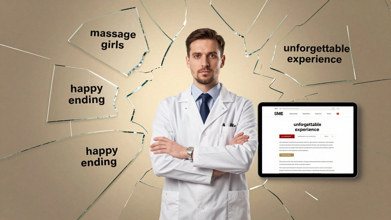 Therapist standing before shattered glass reflecting banned phrases, clean website visible beside them.